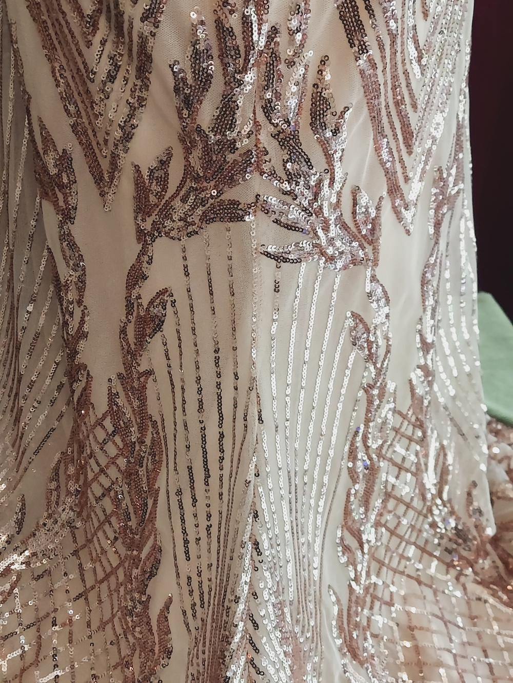 NWT Art Deco Design Rose Gold Sequin Off-Shoulder Evening Gown - Picture 8 of 11